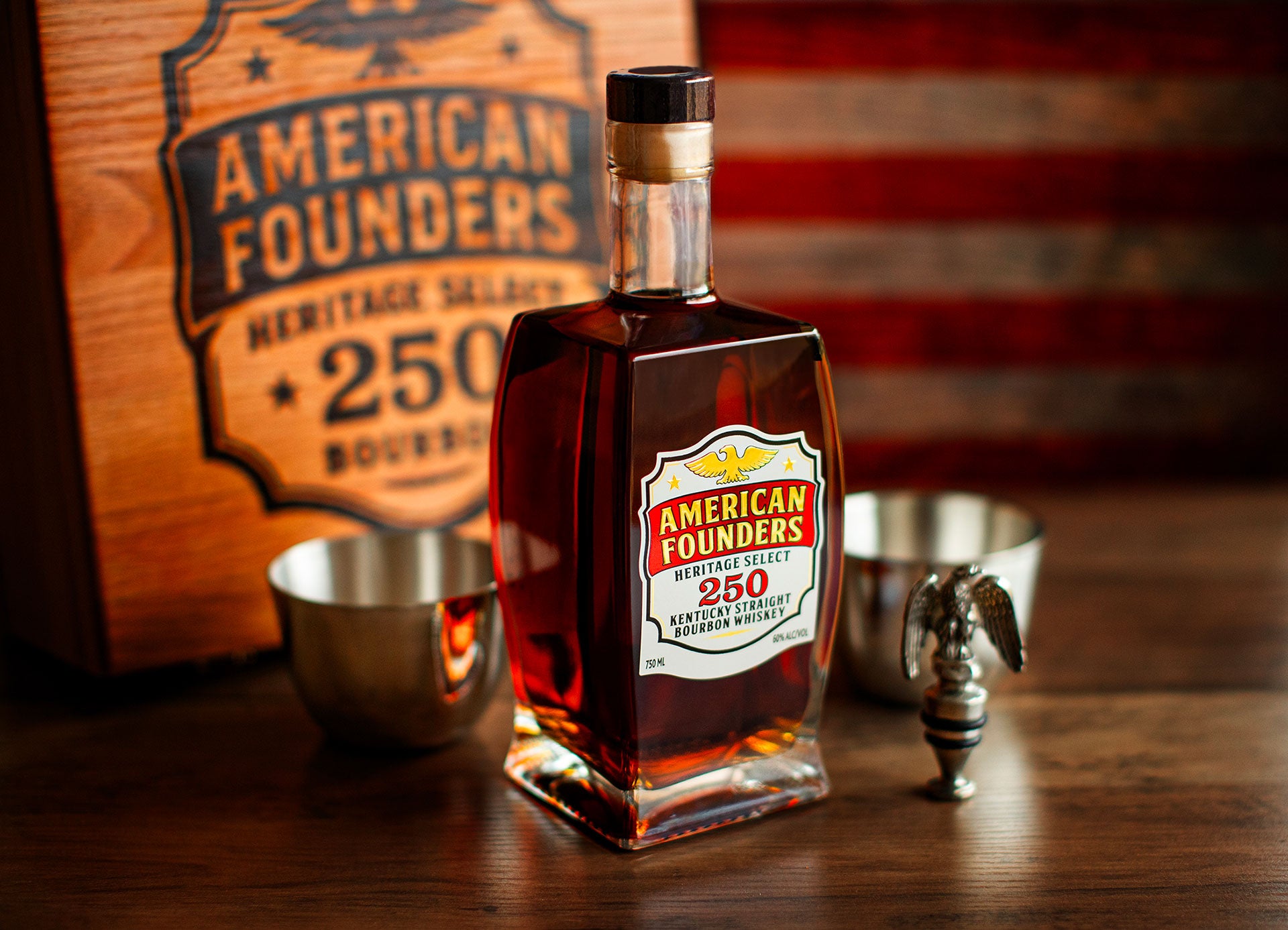 Bottle of American Founders bourbon with a wooden sign and metal bowls in the background.